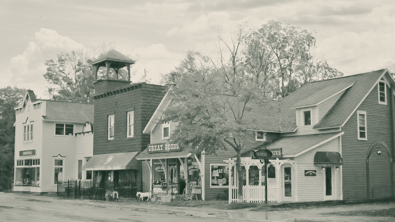 A row of colorful local storefronts